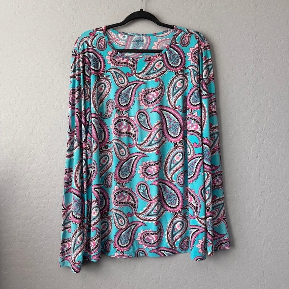 Lands End 2X Swim Rash Guard Top Turquoise Pink Paisley Long Sleeve Stretch